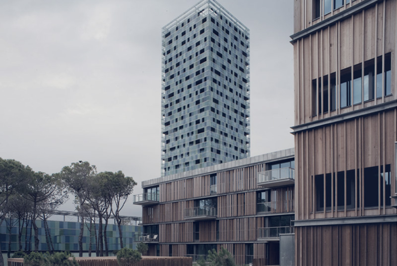 Vista degli edifici residenziali con il loro rivestimento in legno in contrapposizione con il vetro della torre.
